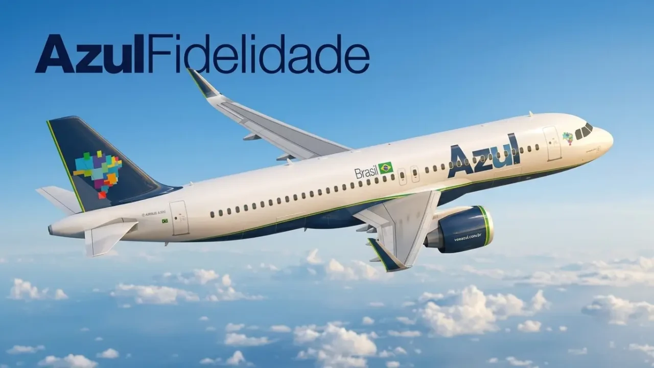 Avião da Azul voando no céu com o logo do Azul Fidelidade