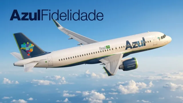 Avião da Azul voando no céu com o logo do Azul Fidelidade