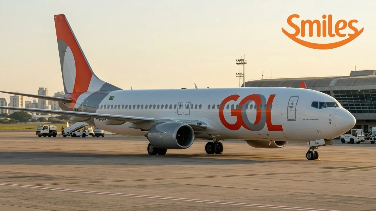 Avião da GOL no aeroporto com logo Smiles em conteúdo sobre vender milhas Smiles
