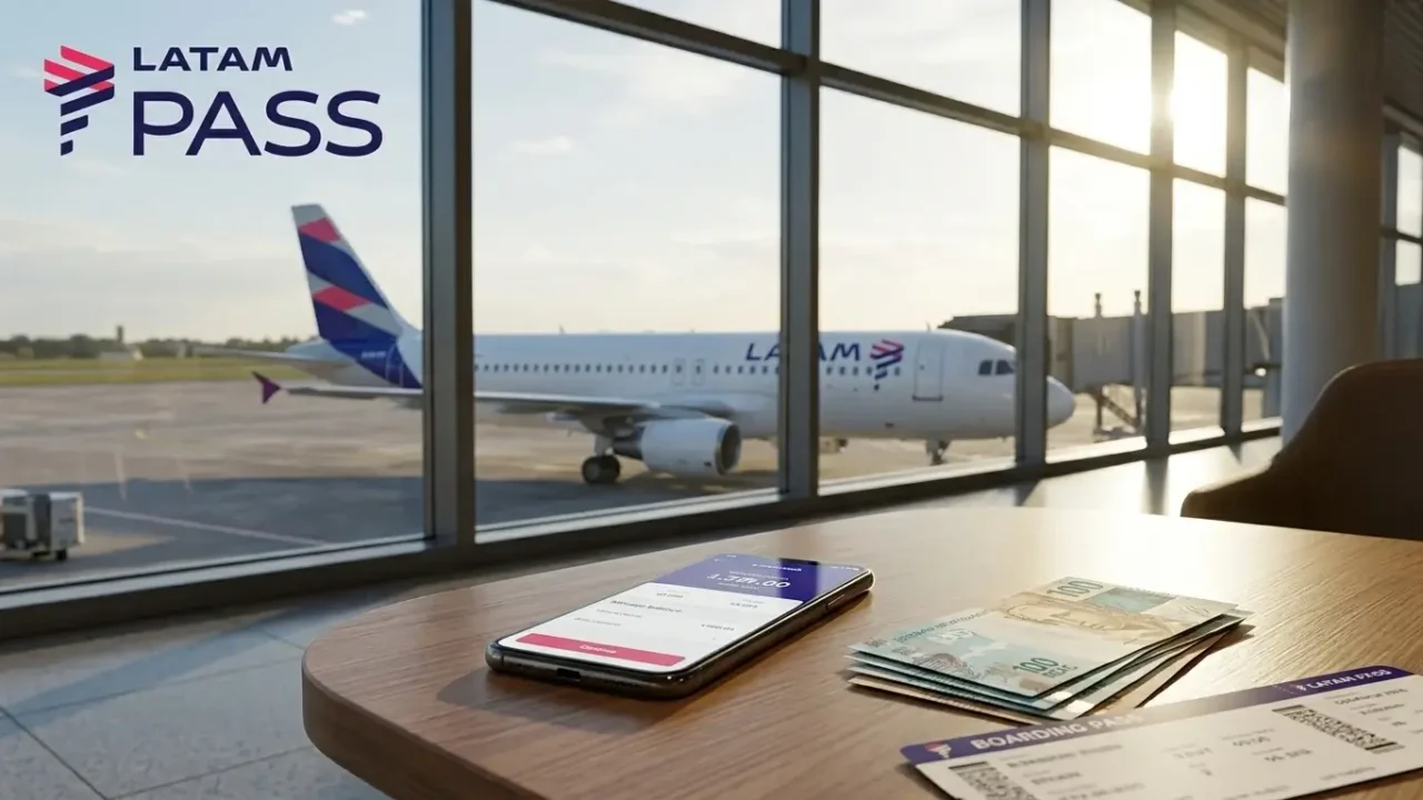 Avião da LATAM no aeroporto com celular e dinheiro representando a venda de milhas LATAM Pass