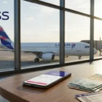 Avião da LATAM no aeroporto com celular e dinheiro representando a venda de milhas LATAM Pass