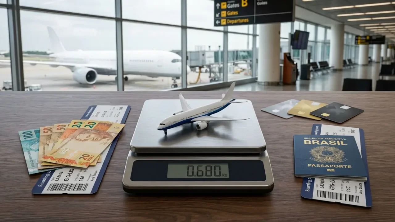 Avião sobre balança entre dinheiro e cartões, representando a comparação de passagem aérea com milhas