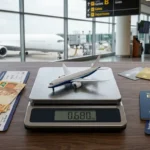 Avião sobre balança entre dinheiro e cartões, representando a comparação de passagem aérea com milhas