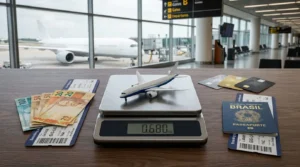Avião sobre balança entre dinheiro e cartões, representando a comparação de passagem aérea com milhas