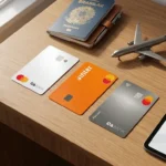 Cartões de crédito sem anuidade que acumulam pontos ao lado de tablet e itens de viagem