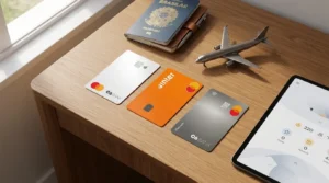 Cartões de crédito sem anuidade que acumulam pontos ao lado de tablet e itens de viagem