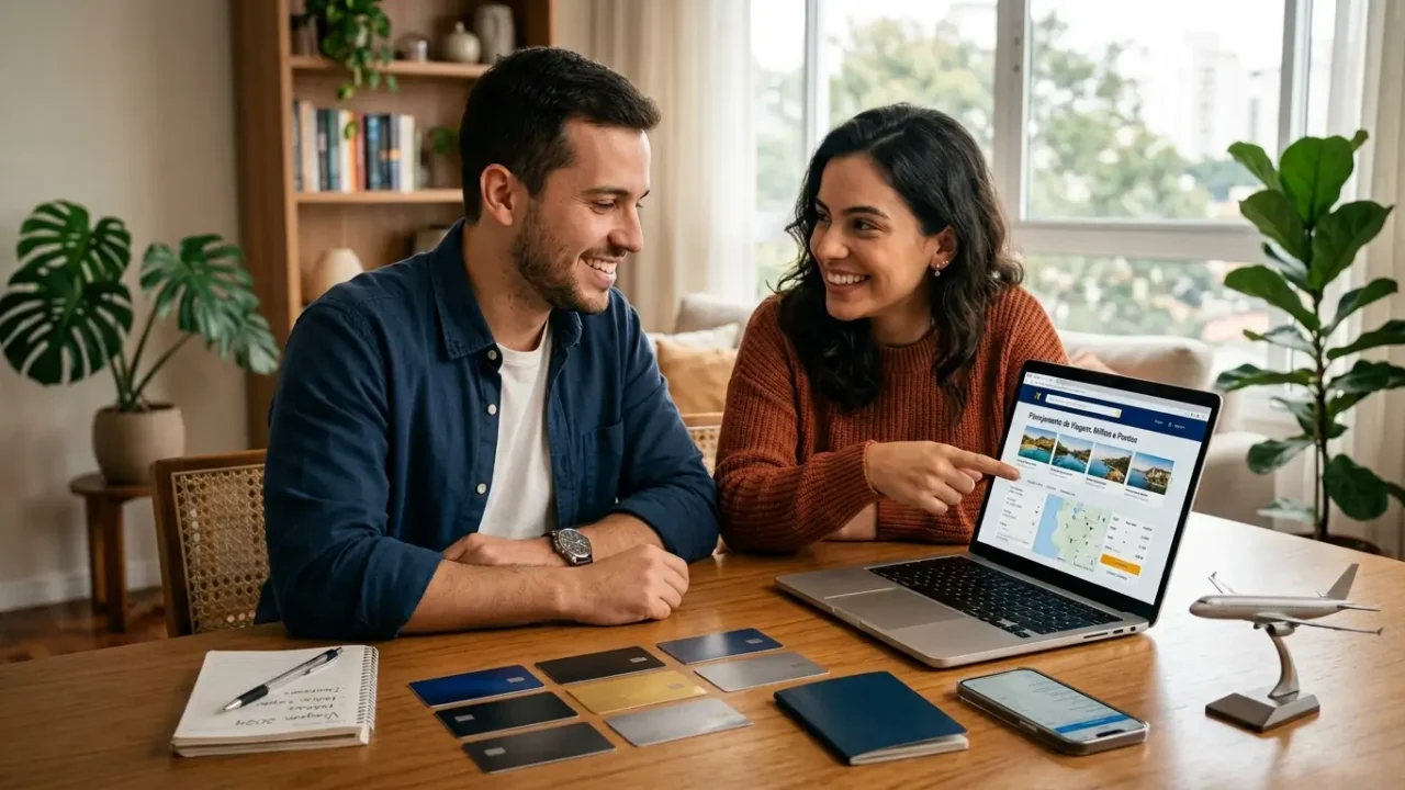 Casal compara cartões de crédito para acumular milhas e pontos durante o planejamento de uma viagem