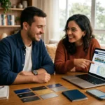 Casal compara cartões de crédito para acumular milhas e pontos durante o planejamento de uma viagem