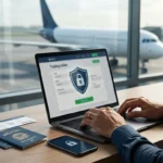 Homem utilizando notebook com proteção digital para vender milhas aéreas com segurança