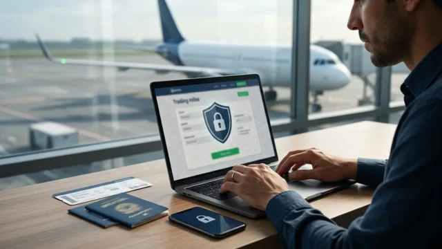 Homem utilizando notebook com proteção digital para vender milhas aéreas com segurança
