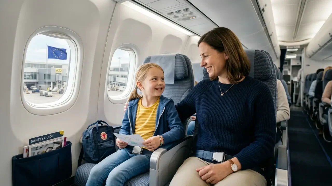 Mãe e filha sentadas juntas em avião após novas regras da União Europeia