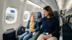 Mãe e filha sentadas juntas em avião após novas regras da União Europeia