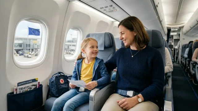 Mãe e filha sentadas juntas em avião após novas regras da União Europeia