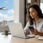 Mulher consultando a venda de milhas aéreas pelo notebook com avião ao fundo