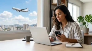 Mulher consultando a venda de milhas aéreas pelo notebook com avião ao fundo