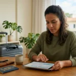 Mulher consultando como vender suas milhas pelo tablet em casa