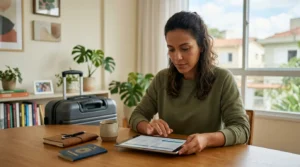 Mulher consultando como vender suas milhas pelo tablet em casa