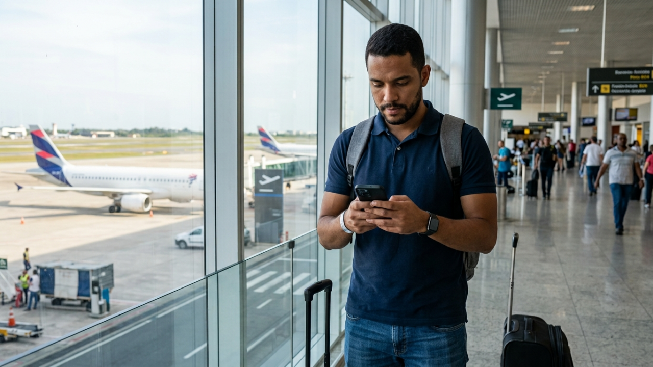 Passageiro consultando uma cotação de milhas pelo celular no aeroporto