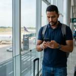 Passageiro consultando uma cotação de milhas pelo celular no aeroporto