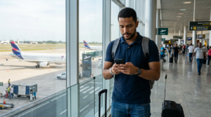 Passageiro consultando uma cotação de milhas pelo celular no aeroporto