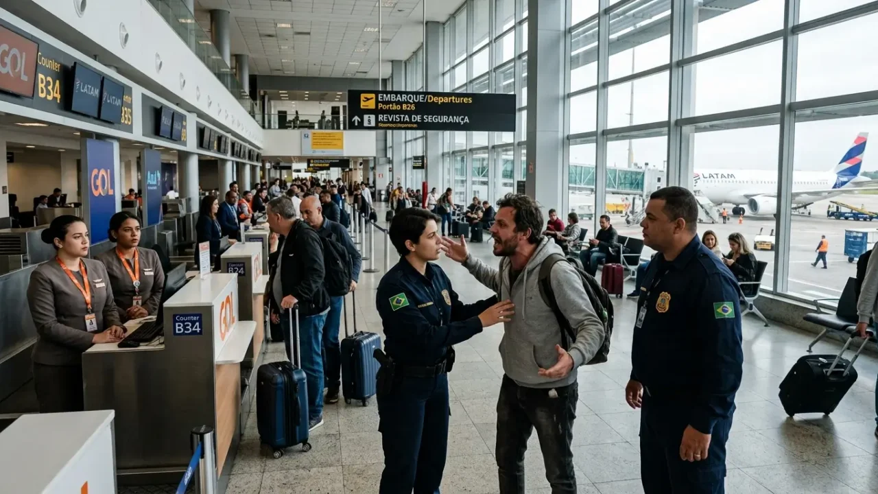 Passageiro indisciplinado sendo abordado por agentes de segurança em aeroporto brasileiro