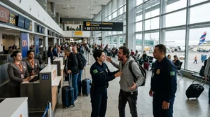 Passageiro indisciplinado sendo abordado por agentes de segurança em aeroporto brasileiro