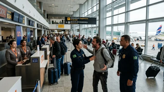 Passageiro indisciplinado sendo abordado por agentes de segurança em aeroporto brasileiro