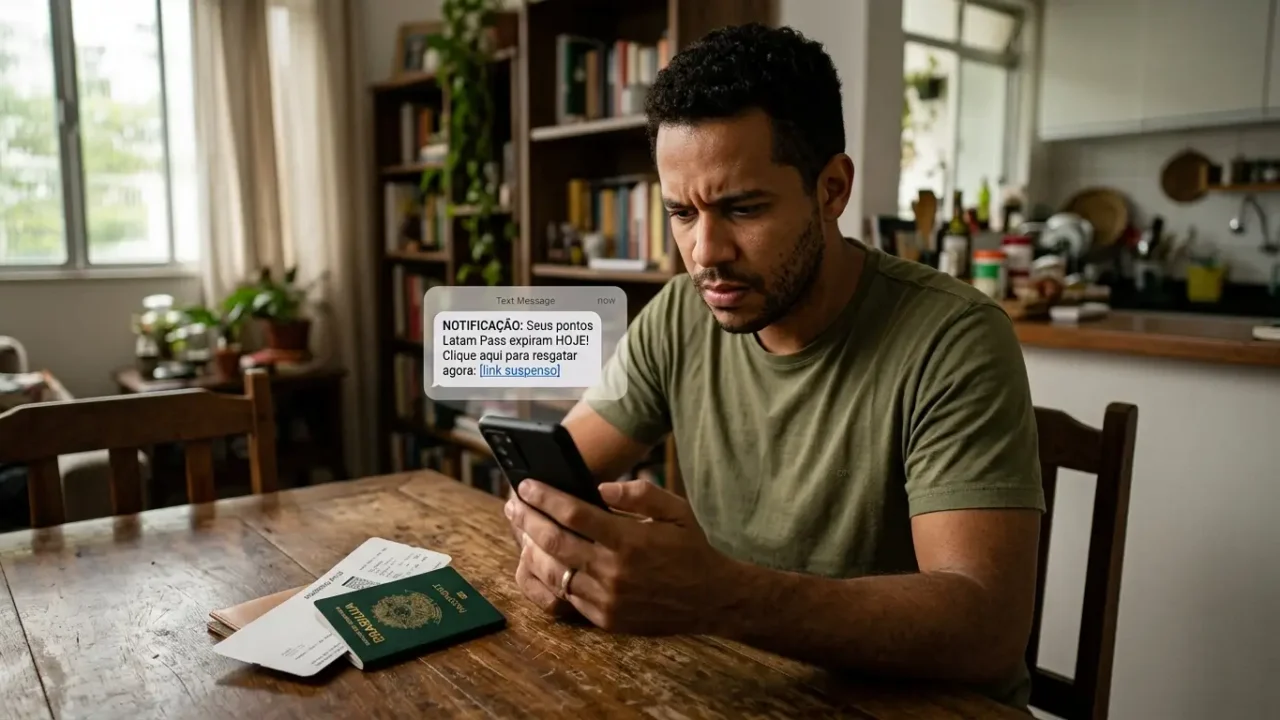 Pessoa verificando no celular uma mensagem suspeita sobre pontos expirando