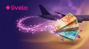 Pontos Livelo sendo transformados em dinheiro com avião ao fundo