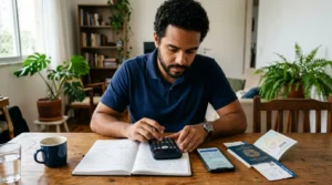 Viajante calculando se uma transferência bonificada de pontos vale a pena
