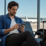 Como comprar passagem aérea barata sem cair em falsas economias - Viajante comparando opções para comprar passagem aérea barata em um aeroporto
