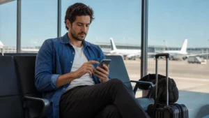 Como comprar passagem aérea barata sem cair em falsas economias - Viajante comparando opções para comprar passagem aérea barata em um aeroporto