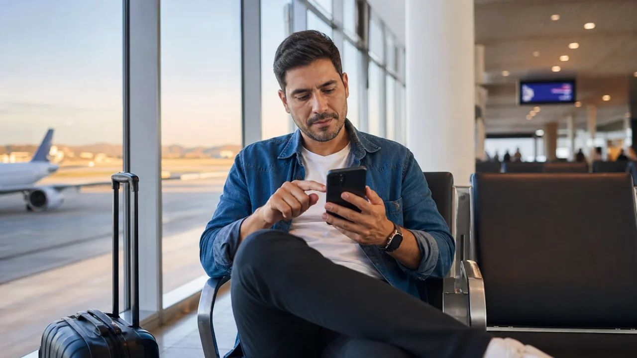 Passagem com pontos e dinheiro: quando a combinação compensa - Viajante avaliando uma passagem com pontos e dinheiro em um celular