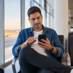 Passagem com pontos e dinheiro: quando a combinação compensa - Viajante avaliando uma passagem com pontos e dinheiro em um celular