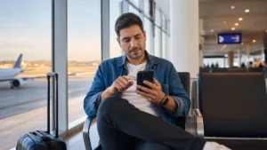 Passagem com pontos e dinheiro: quando a combinação compensa - Viajante avaliando uma passagem com pontos e dinheiro em um celular