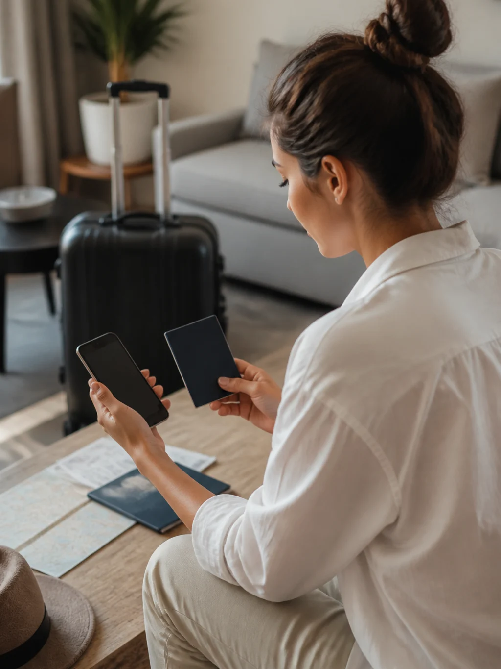 Passagem com pontos e dinheiro: quando a combinação compensa - Viajante comparando opções de passagem com pontos e dinheiro no celular