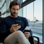 Pontos ou milhas: entenda a diferença antes de transferir - Viajante consultando pontos e milhas no celular antes de planejar uma viagem