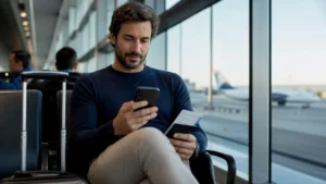 Pontos ou milhas: entenda a diferença antes de transferir - Viajante consultando pontos e milhas no celular antes de planejar uma viagem