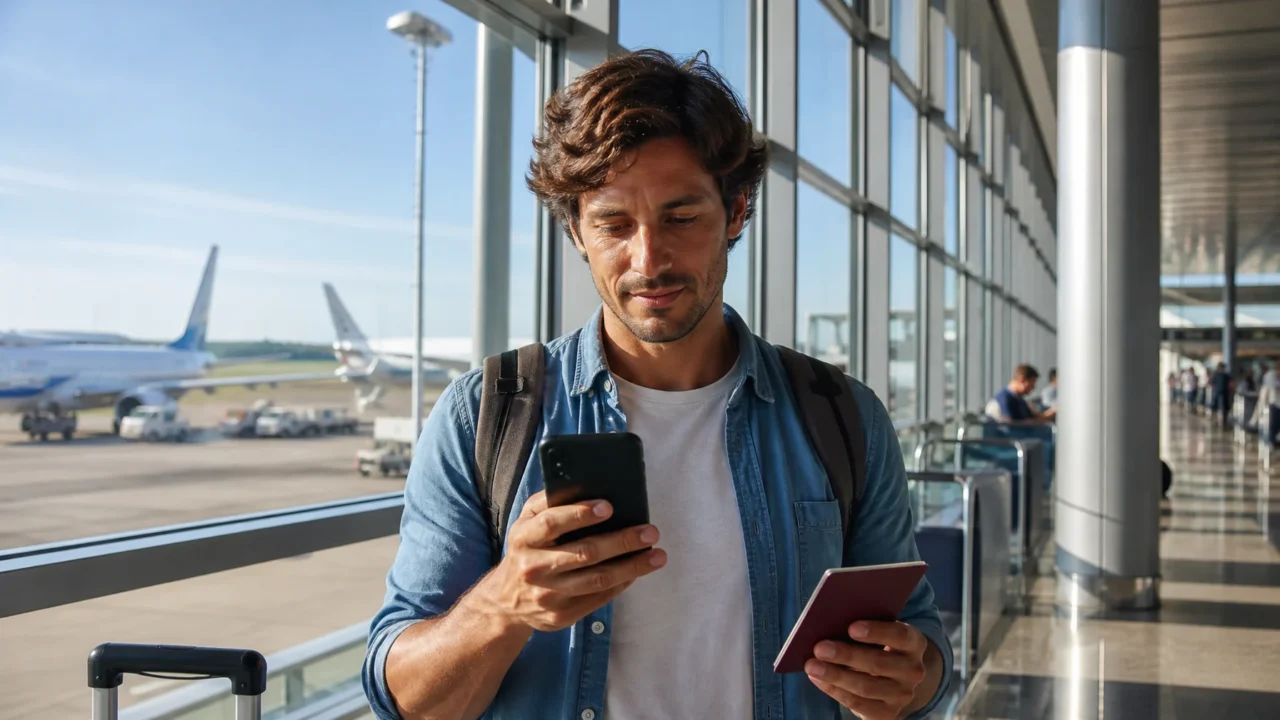 Quanto tempo antes comprar passagem aérea para evitar decisões caras - Viajante consultando datas para comprar passagem aérea com antecedência