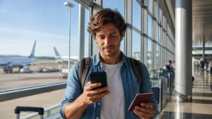 Quanto tempo antes comprar passagem aérea para evitar decisões caras - Viajante consultando datas para comprar passagem aérea com antecedência
