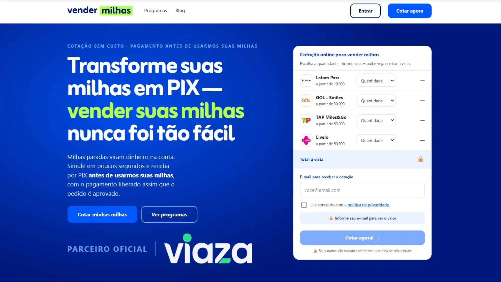 Site Vender Milhas para cotação e venda segura de milhas aéreas