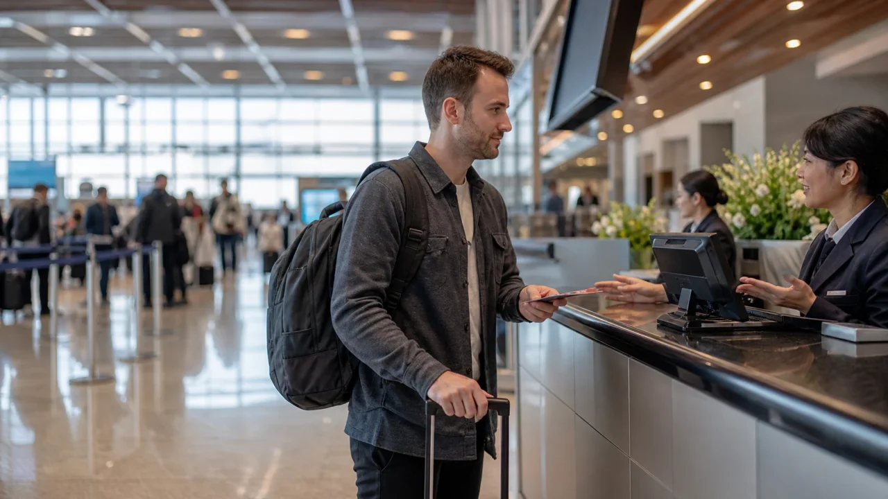 6 benefícios do status em programas de fidelidade e seus limites - Passageira em aeroporto utilizando benefícios do status em programa de fidelidade