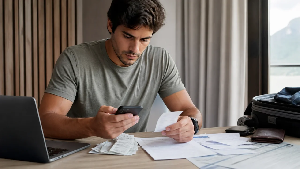 6 comprovantes de compras bonificadas para guardar e reclamar pontos - Pessoa organizando comprovantes de compras bonificadas e notas fiscais em uma mesa
