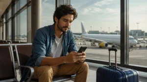 6 cuidados para emitir passagem com milhas em companhias parceiras - Passageira consultando opções para emitir passagem com milhas em companhias parceiras