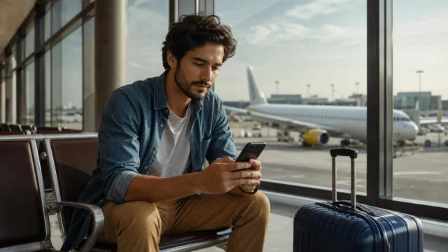 6 cuidados para emitir passagem com milhas em companhias parceiras - Passageira consultando opções para emitir passagem com milhas em companhias parceiras