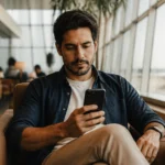 6 formas de usar poucas milhas sem desperdiçar seu saldo - Viajante analisando como usar poucas milhas no celular antes de uma viagem