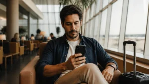 6 formas de usar poucas milhas sem desperdiçar seu saldo - Viajante analisando como usar poucas milhas no celular antes de uma viagem
