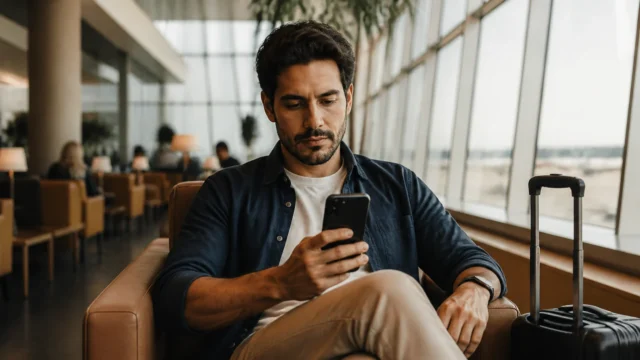 6 formas de usar poucas milhas sem desperdiçar seu saldo - Viajante analisando como usar poucas milhas no celular antes de uma viagem