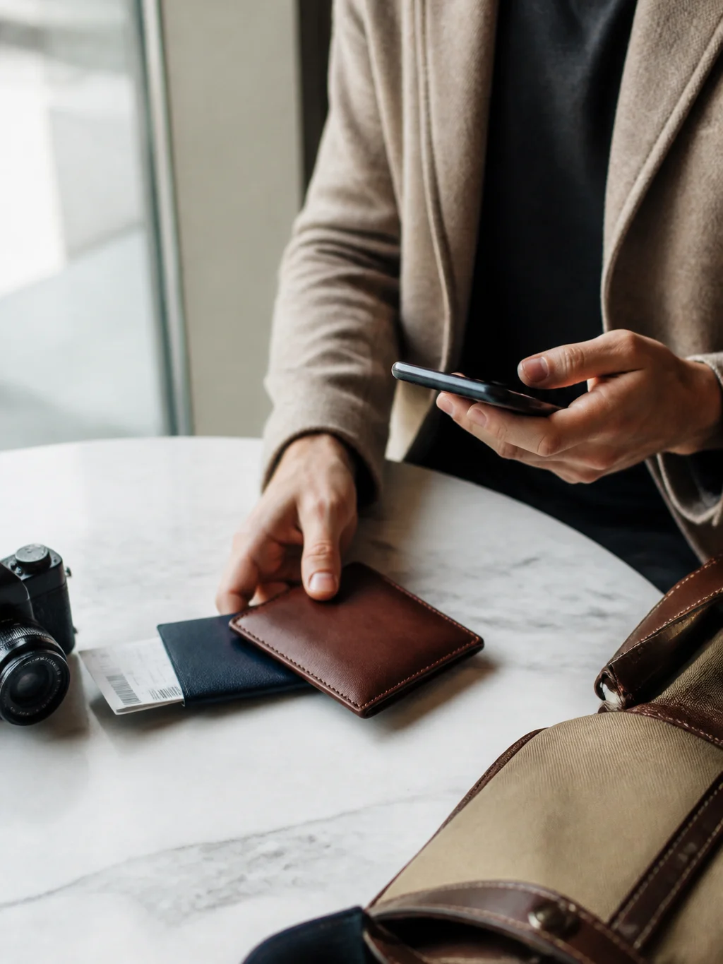 6 formas de usar poucas milhas sem desperdiçar seu saldo - Viajante avaliando como usar poucas milhas pelo celular e documentos de viagem