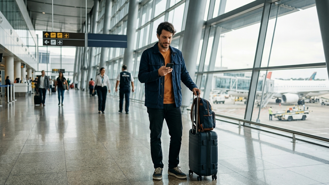 Viajante conferindo no celular uma passagem com milhas com conexão em um aeroporto